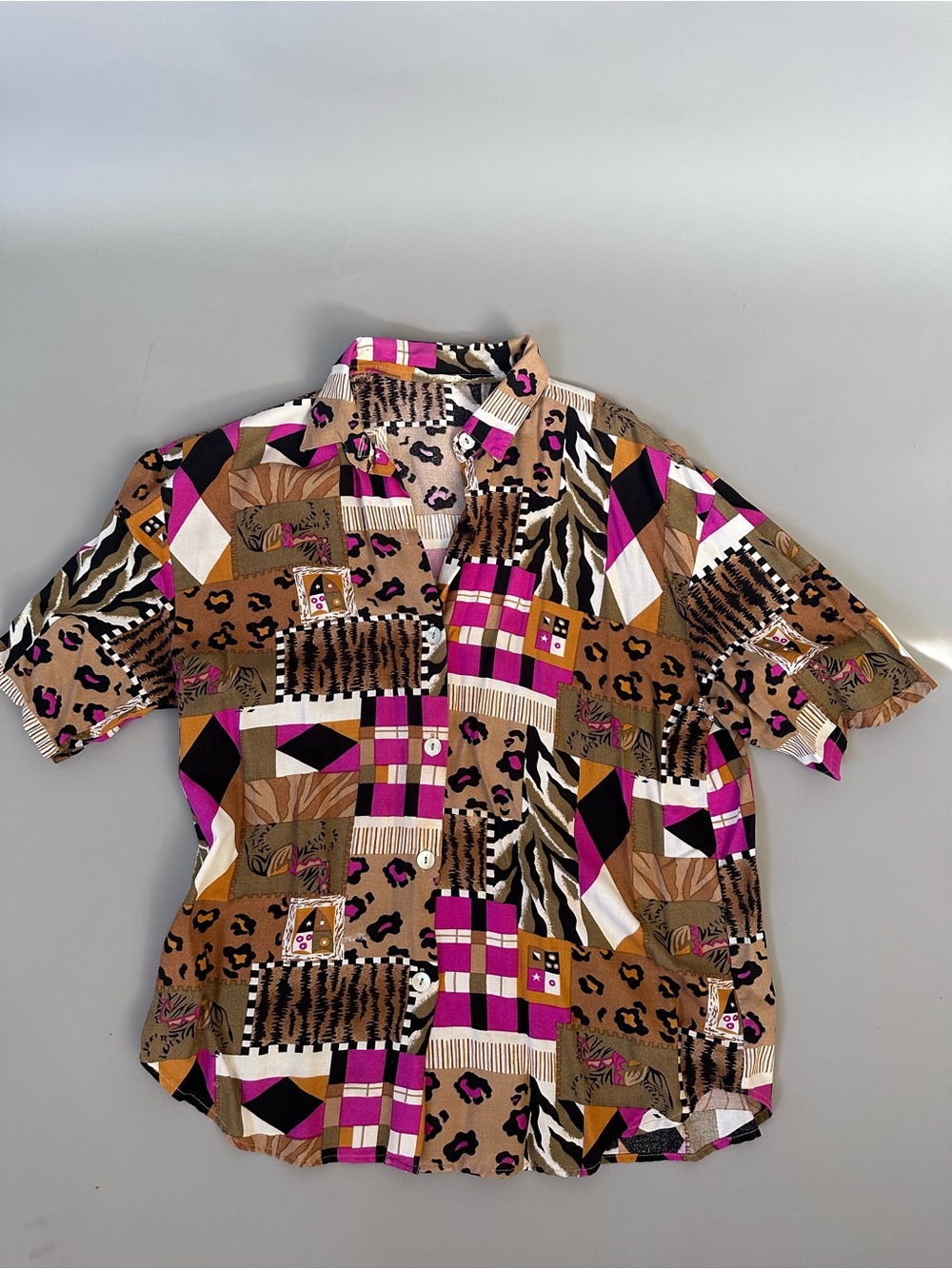 Vintage Short Sleeve Patchwork Animal Print Shirt - Brown & Pink